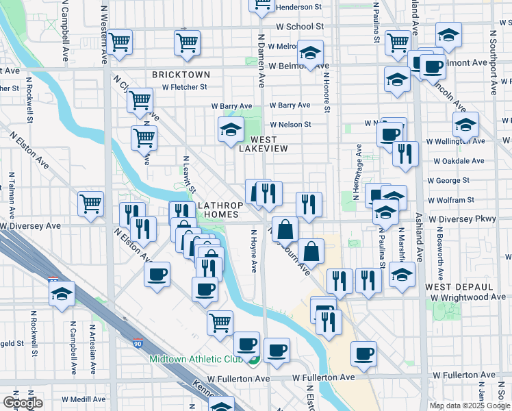 map of restaurants, bars, coffee shops, grocery stores, and more near in Chicago