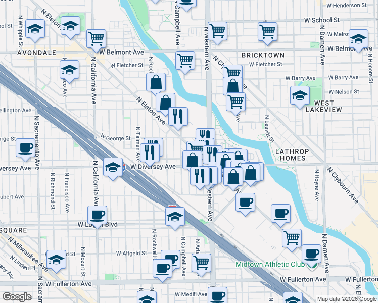 map of restaurants, bars, coffee shops, grocery stores, and more near 2450 West Diversey Avenue in Chicago