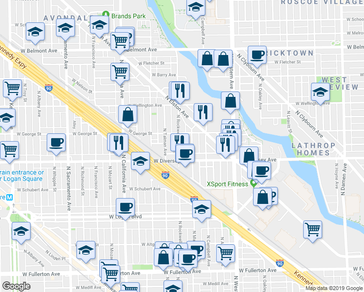 map of restaurants, bars, coffee shops, grocery stores, and more near 2602 West Diversey Avenue in Chicago