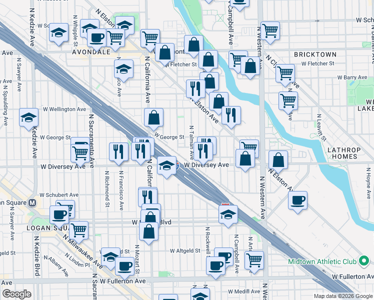 map of restaurants, bars, coffee shops, grocery stores, and more near 2834 North Talman Avenue in Chicago