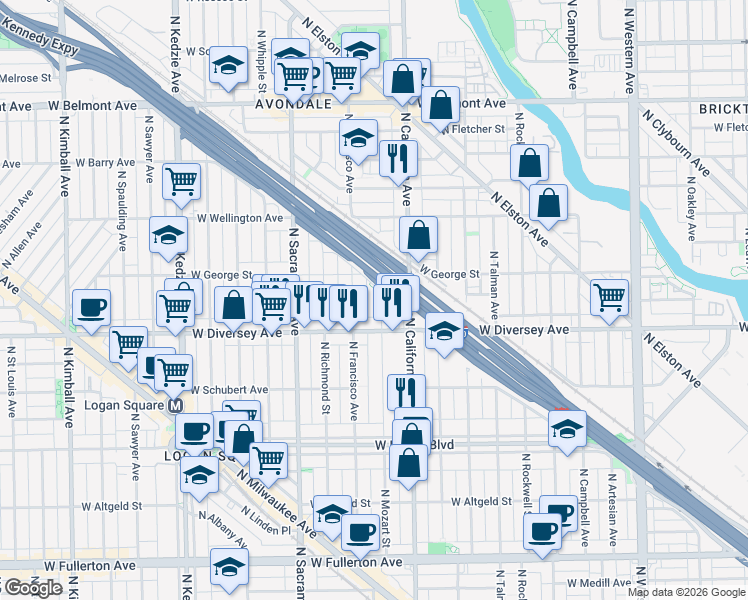 map of restaurants, bars, coffee shops, grocery stores, and more near 2834 West Diversey Avenue in Chicago