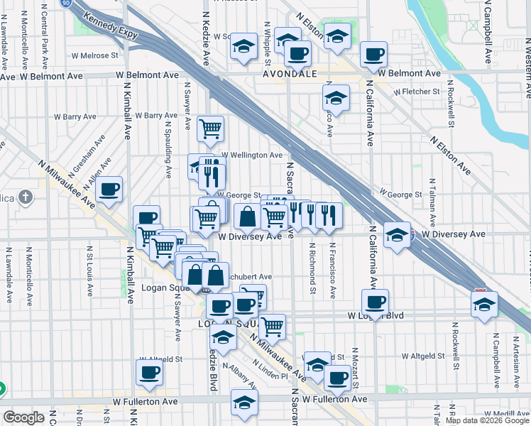 map of restaurants, bars, coffee shops, grocery stores, and more near 2815 North Whipple Street in Chicago