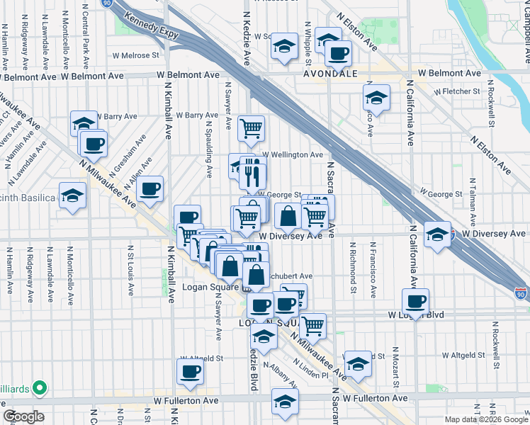 map of restaurants, bars, coffee shops, grocery stores, and more near 2814 North Troy Street in Chicago