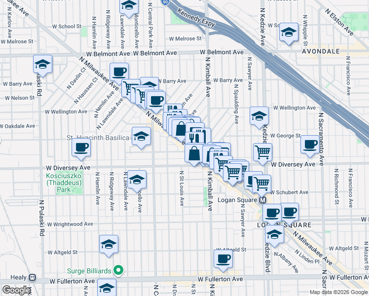 map of restaurants, bars, coffee shops, grocery stores, and more near 2840 North Milwaukee Avenue in Chicago