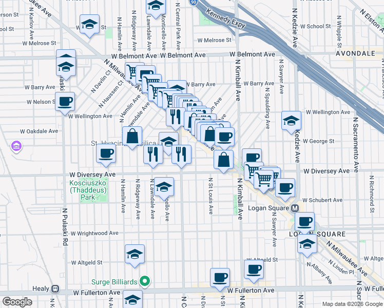 map of restaurants, bars, coffee shops, grocery stores, and more near 2819 North Central Park Avenue in Chicago