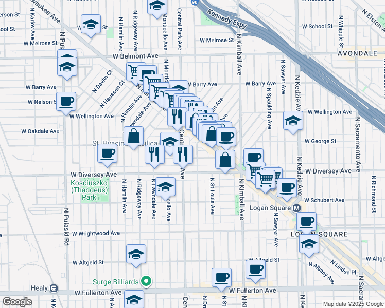 map of restaurants, bars, coffee shops, grocery stores, and more near 2819 North Central Park Avenue in Chicago