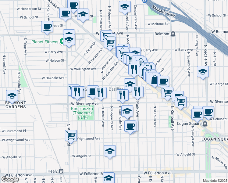 map of restaurants, bars, coffee shops, grocery stores, and more near 2820 North Lawndale Avenue in Chicago