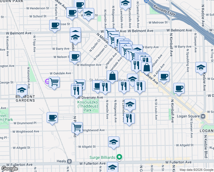 map of restaurants, bars, coffee shops, grocery stores, and more near 2823 North Hamlin Avenue in Chicago