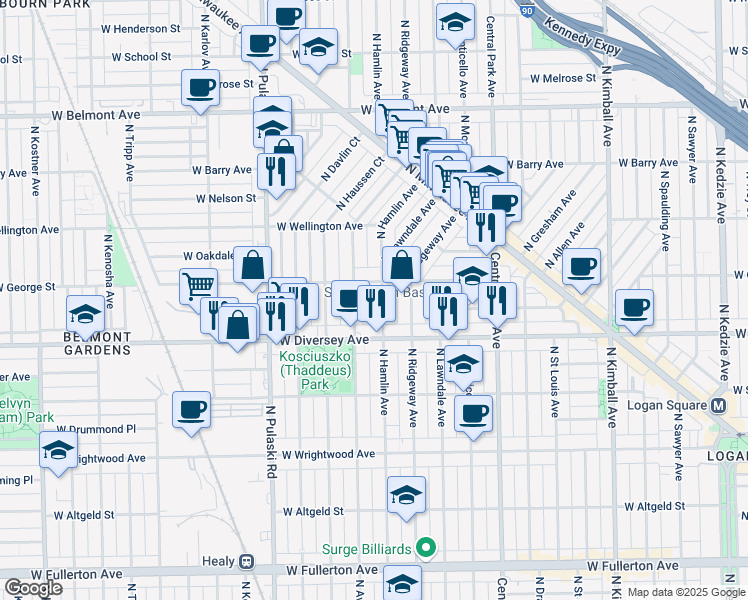 map of restaurants, bars, coffee shops, grocery stores, and more near 2817 North Avers Avenue in Chicago