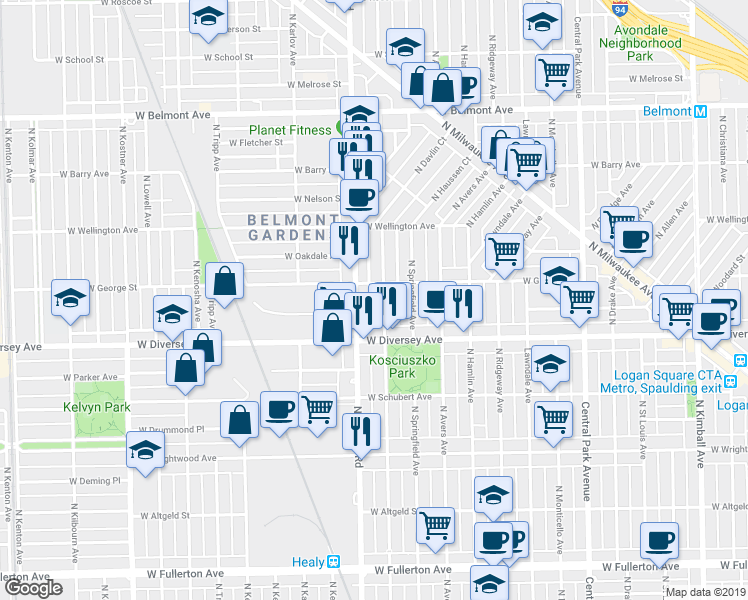 map of restaurants, bars, coffee shops, grocery stores, and more near 2826 North Harding Avenue in Chicago