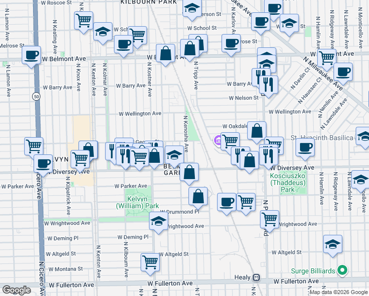 map of restaurants, bars, coffee shops, grocery stores, and more near 2826 North Tripp Avenue in Chicago