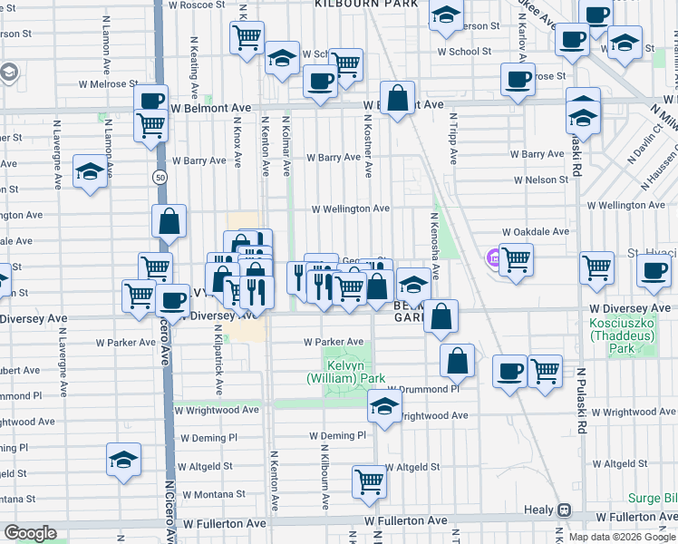 map of restaurants, bars, coffee shops, grocery stores, and more near 2829 North Kenneth Avenue in Chicago