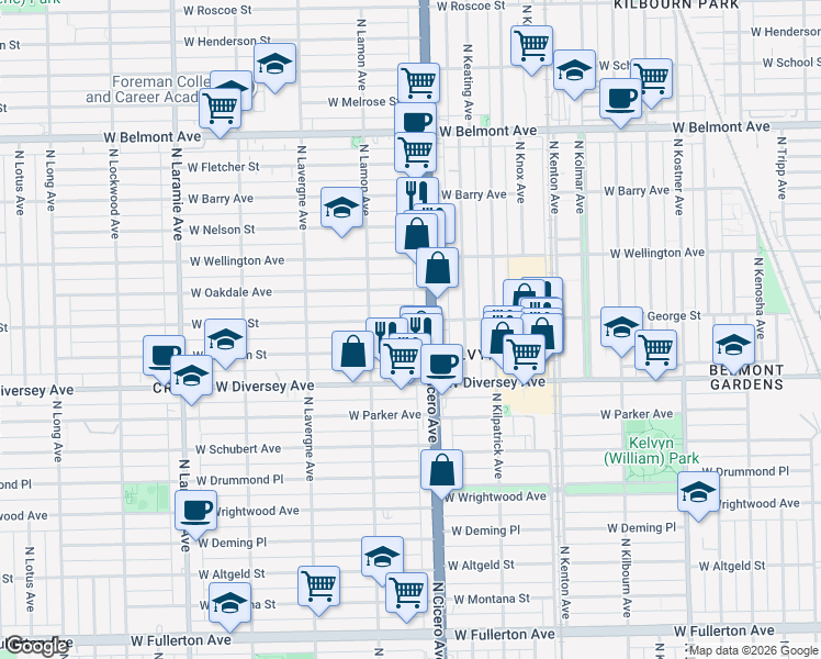 map of restaurants, bars, coffee shops, grocery stores, and more near 4800 West Wolfram Street in Chicago