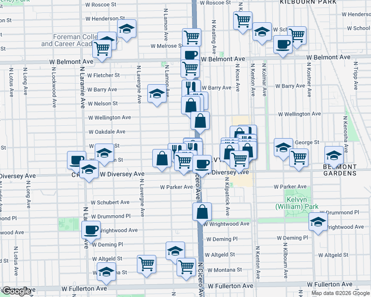 map of restaurants, bars, coffee shops, grocery stores, and more near 4800 West Wolfram Street in Chicago