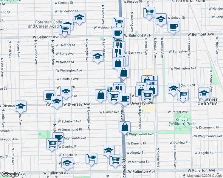 map of restaurants, bars, coffee shops, grocery stores, and more near 4844 West Wolfram Street in Chicago