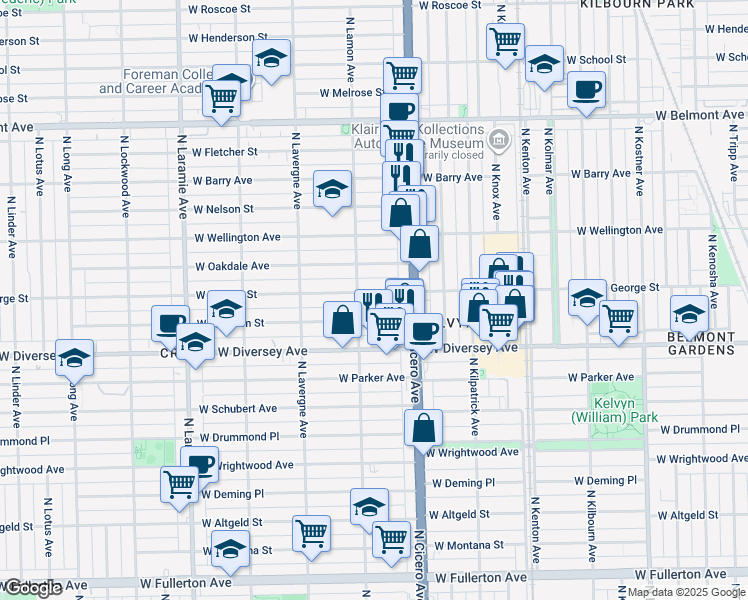 map of restaurants, bars, coffee shops, grocery stores, and more near 4844 West Wolfram Street in Chicago