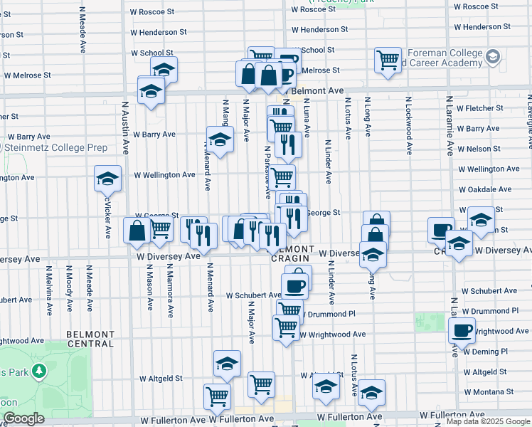 map of restaurants, bars, coffee shops, grocery stores, and more near 2844 North Parkside Avenue in Chicago