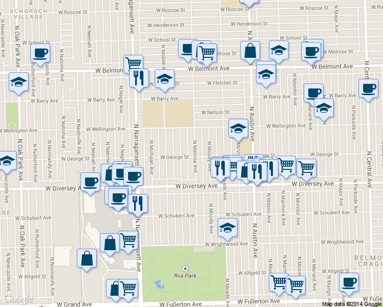 map of restaurants, bars, coffee shops, grocery stores, and more near 2853 North Merrimac Avenue in Chicago