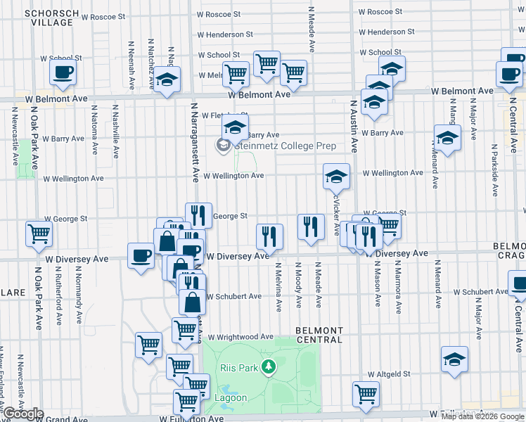map of restaurants, bars, coffee shops, grocery stores, and more near 2853 North Merrimac Avenue in Chicago