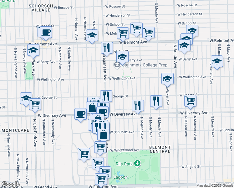 map of restaurants, bars, coffee shops, grocery stores, and more near 2851 North Mulligan Avenue in Chicago