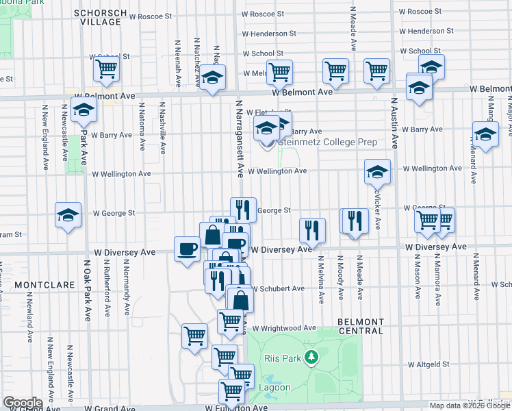 map of restaurants, bars, coffee shops, grocery stores, and more near 2851 North Mulligan Avenue in Chicago