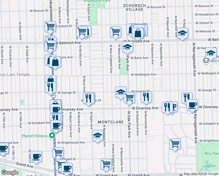 map of restaurants, bars, coffee shops, grocery stores, and more near 2858 North New England Avenue in Chicago
