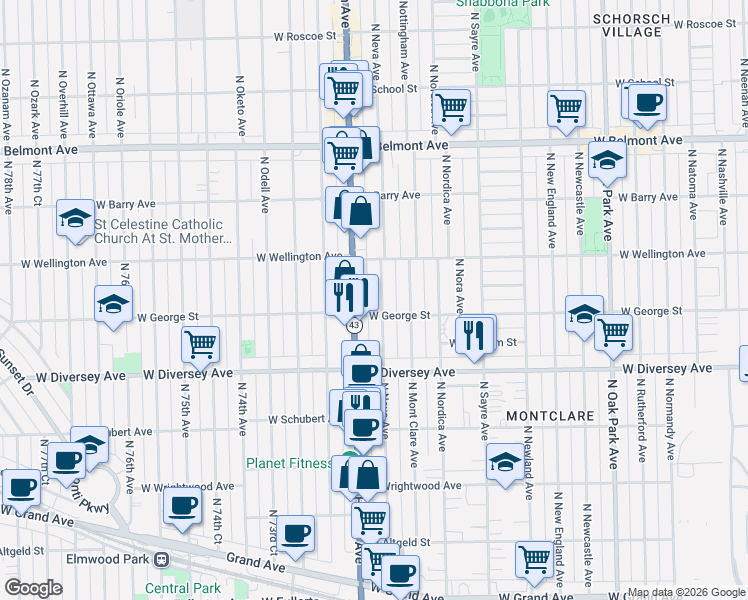 map of restaurants, bars, coffee shops, grocery stores, and more near 2858 North Neva Avenue in Chicago