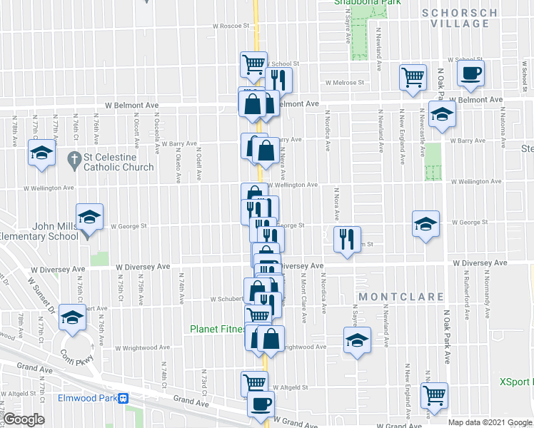 map of restaurants, bars, coffee shops, grocery stores, and more near 2858 North Neva Avenue in Chicago