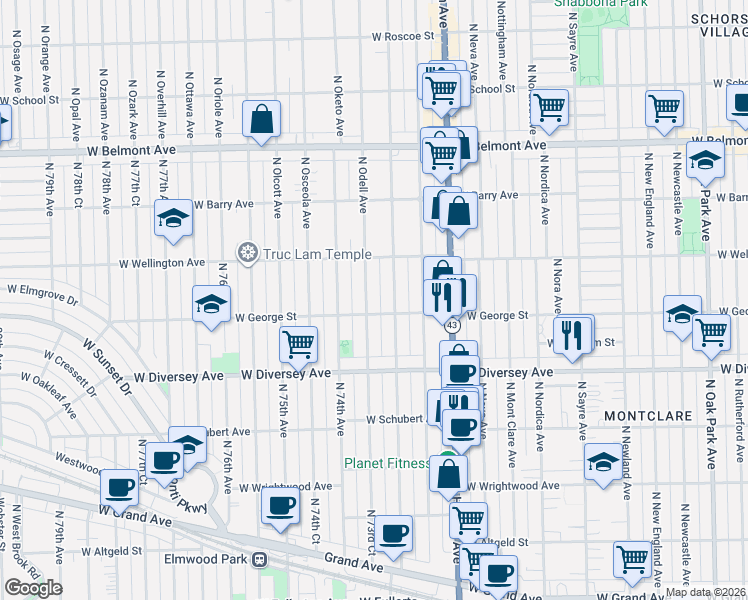 map of restaurants, bars, coffee shops, grocery stores, and more near 2847 North 73rd Court in Elmwood Park
