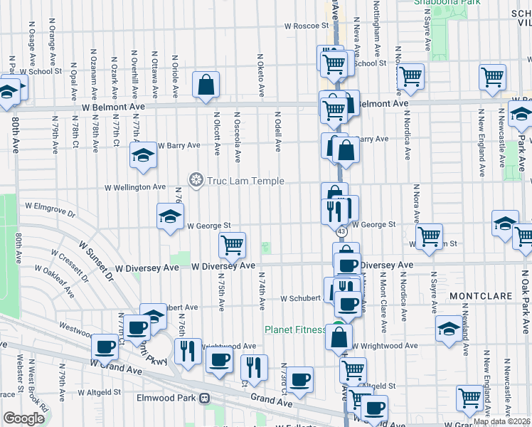 map of restaurants, bars, coffee shops, grocery stores, and more near 7401 West George Street in Elmwood Park