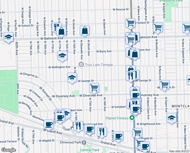 map of restaurants, bars, coffee shops, grocery stores, and more near 2846 North 74th Court in Chicago
