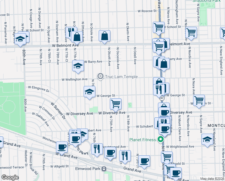 map of restaurants, bars, coffee shops, grocery stores, and more near 2846 North 74th Court in Chicago