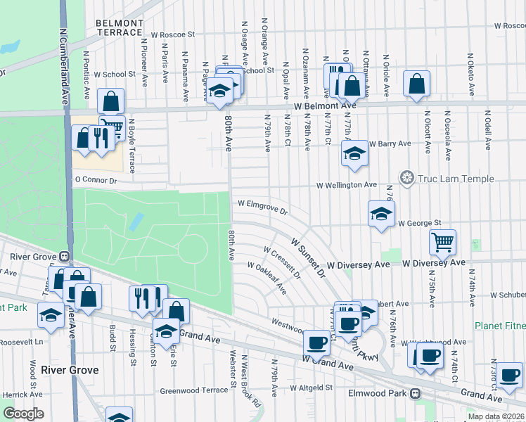 map of restaurants, bars, coffee shops, grocery stores, and more near 7864 West Sunset Drive in Elmwood Park