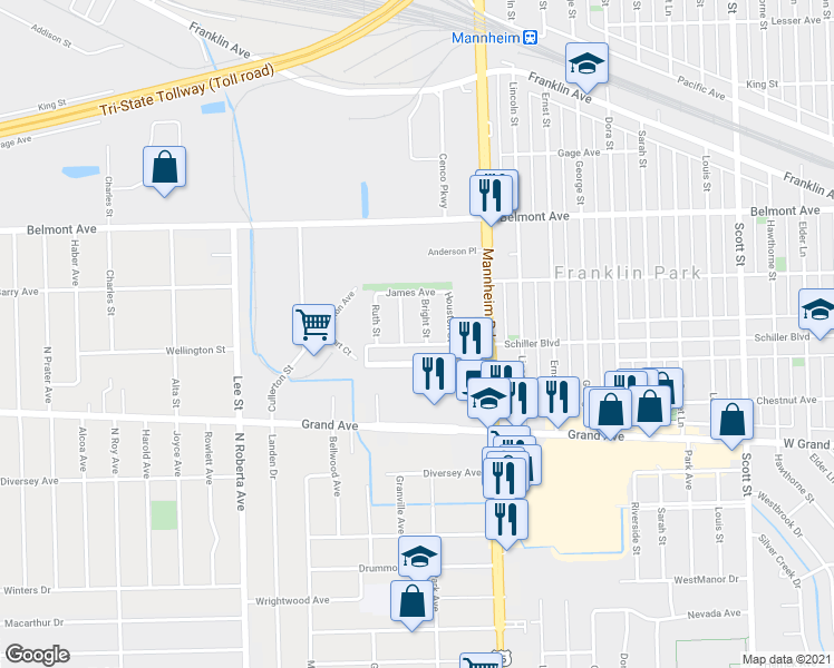 map of restaurants, bars, coffee shops, grocery stores, and more near 10518 Crown Road in Franklin Park