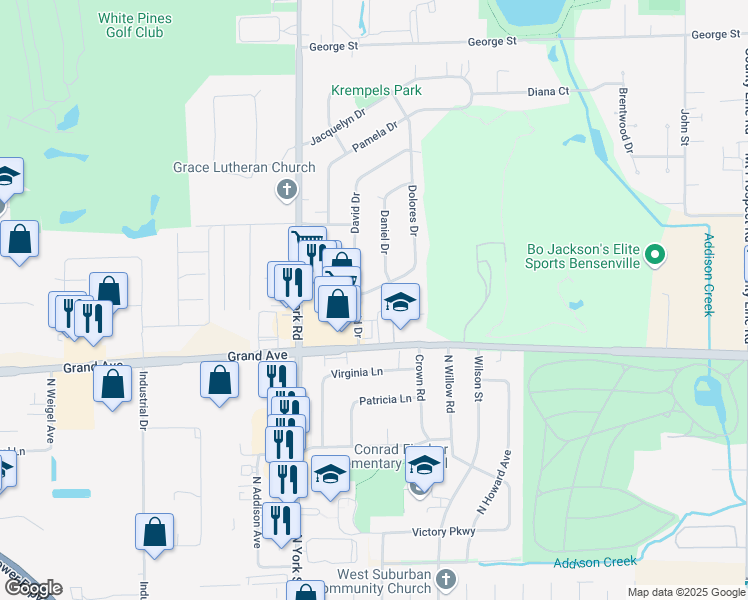 map of restaurants, bars, coffee shops, grocery stores, and more near 133 East Grand Avenue in Bensenville