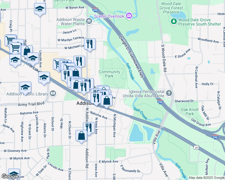 map of restaurants, bars, coffee shops, grocery stores, and more near 118 East North Avenue in Addison