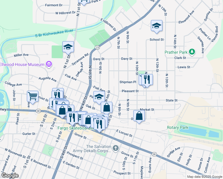 map of restaurants, bars, coffee shops, grocery stores, and more near 612 Fisk Avenue in DeKalb