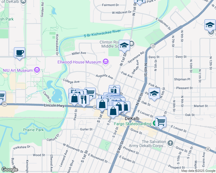 map of restaurants, bars, coffee shops, grocery stores, and more near 227 North 1st Street in DeKalb