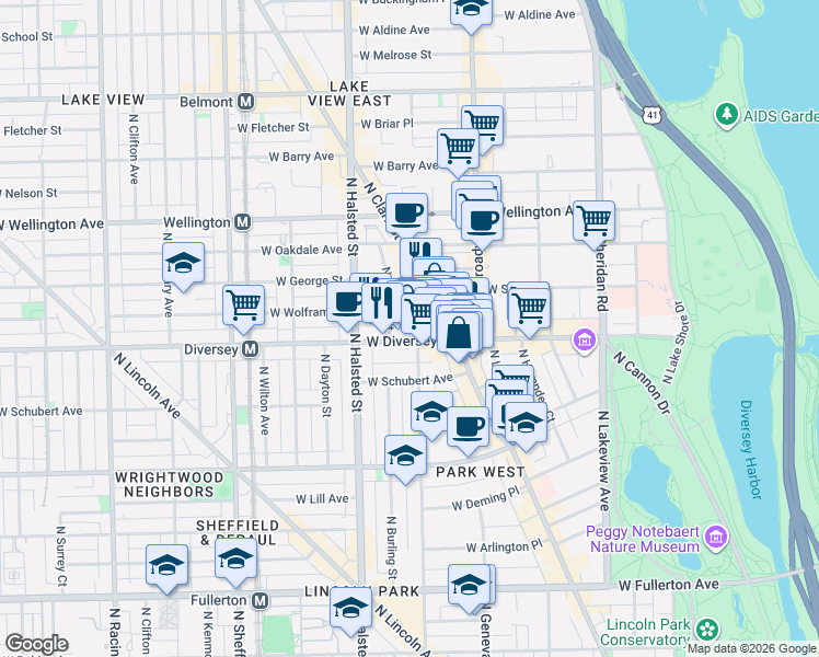 map of restaurants, bars, coffee shops, grocery stores, and more near 671 West Diversey Parkway in Chicago