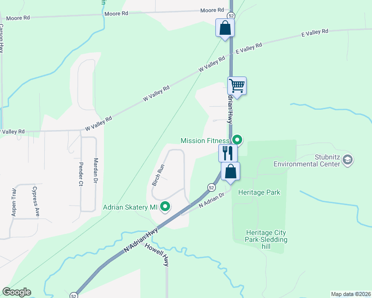 map of restaurants, bars, coffee shops, grocery stores, and more near 3148 Birch Run in Adrian