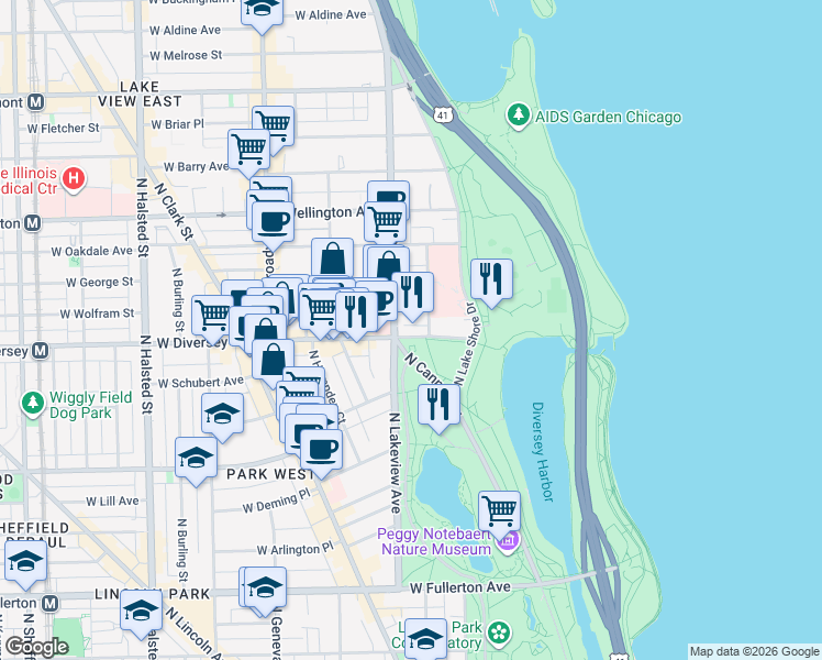 map of restaurants, bars, coffee shops, grocery stores, and more near 2485 North Sheridan Road in Chicago