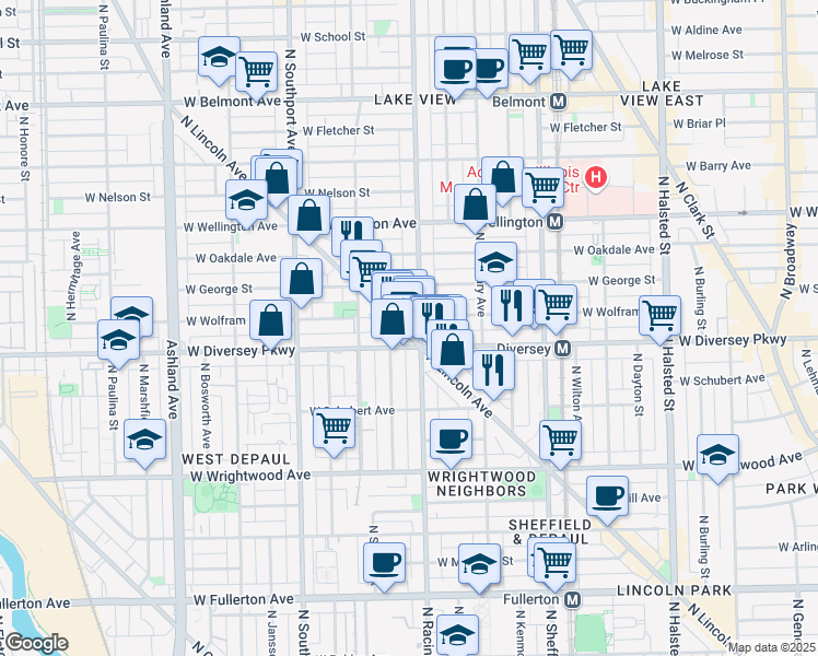 map of restaurants, bars, coffee shops, grocery stores, and more near 2815 North Lincoln Avenue in Chicago