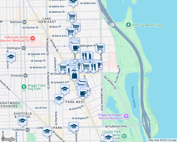 map of restaurants, bars, coffee shops, grocery stores, and more near 506 West Diversey Parkway in Chicago
