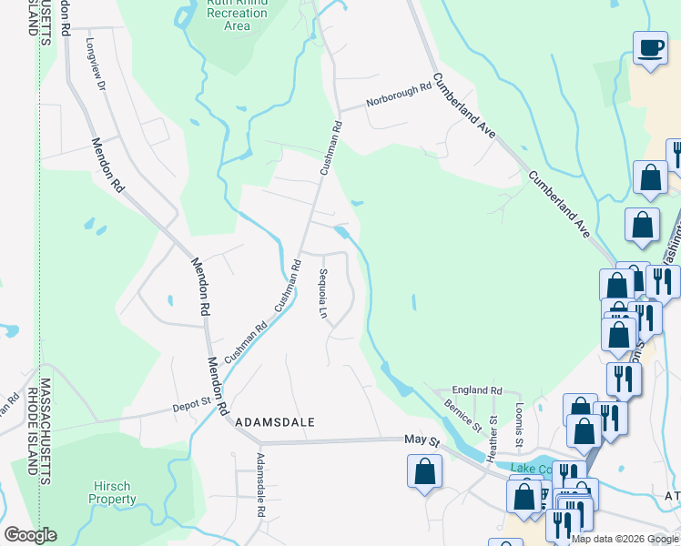map of restaurants, bars, coffee shops, grocery stores, and more near 61 Highland Meadow Drive in North Attleborough