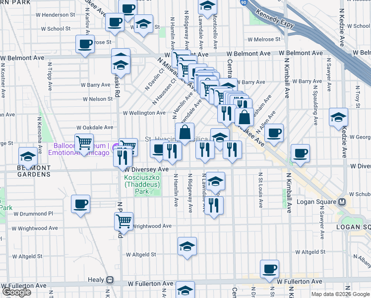 map of restaurants, bars, coffee shops, grocery stores, and more near 2823 North Hamlin Avenue in Chicago