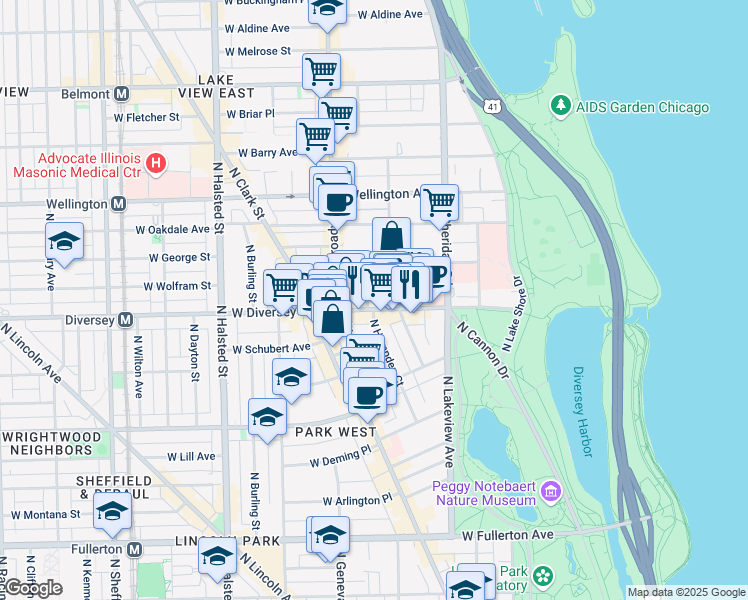 map of restaurants, bars, coffee shops, grocery stores, and more near 530 West Diversey Parkway in Chicago