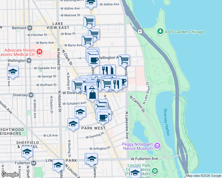 map of restaurants, bars, coffee shops, grocery stores, and more near 2800 North Pine Grove Avenue in Chicago