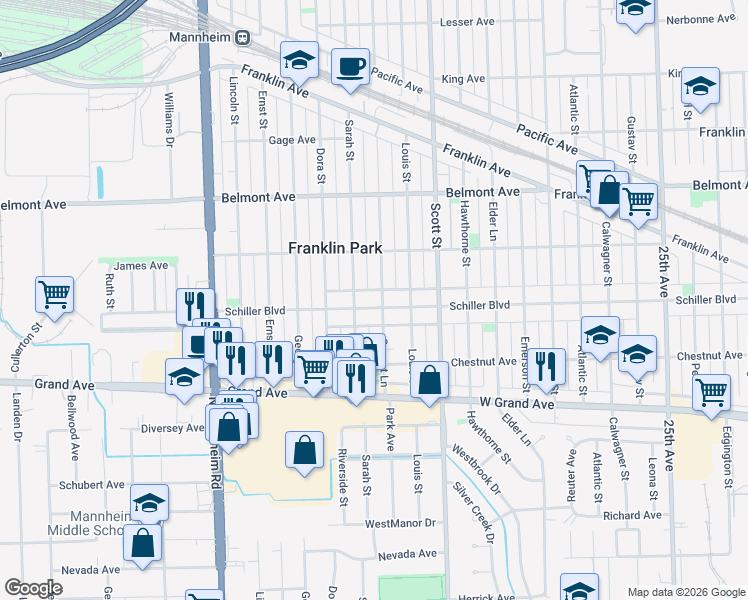map of restaurants, bars, coffee shops, grocery stores, and more near 10108 Schiller Boulevard in Franklin Park