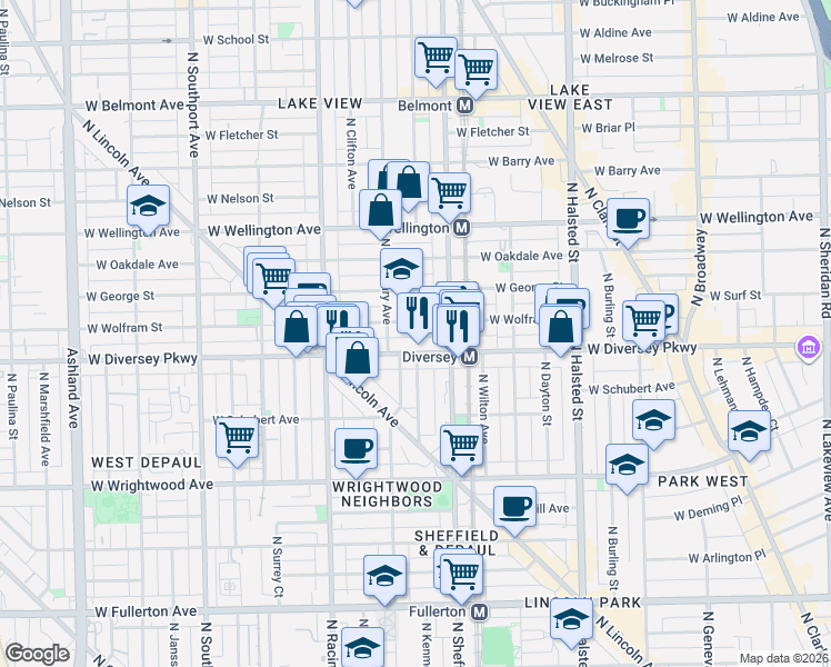 map of restaurants, bars, coffee shops, grocery stores, and more near 1055 West Diversey Parkway in Chicago