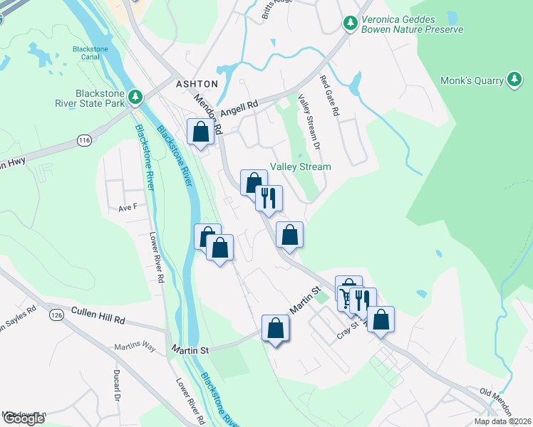 map of restaurants, bars, coffee shops, grocery stores, and more near 1238 Mendon Road in Cumberland